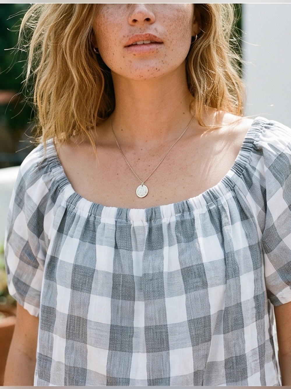 Jane and Delancey Gray and White Gingham Off-Shoulder Blouse